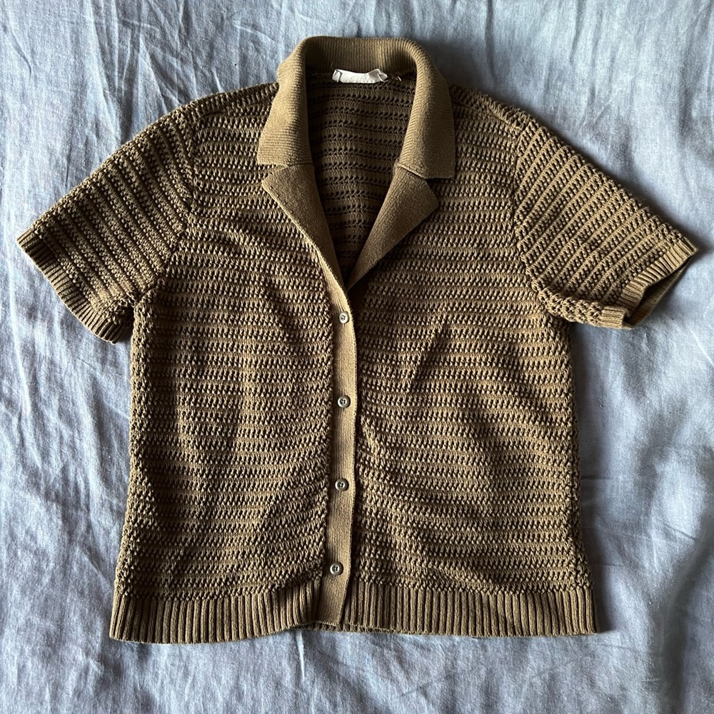Everlane Green Crocheted Short Sleeve Button Up Size M